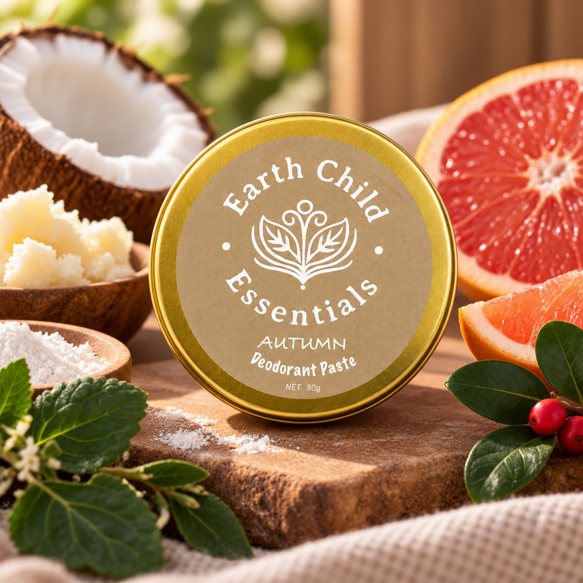 Autumn Natural Deodorant with raw ingredients of coconut, grapefruit, arrowroot flour
