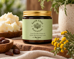 Blue Tansy Tallow Moisturiser with its raw ingredients: grass-fed beef tallow, jojoba seeds and tansy flowers