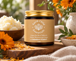 Calendula Tallow Moisturiser with its raw ingredients: grass-fed beef tallow, jojoba seeds and calendula flowers