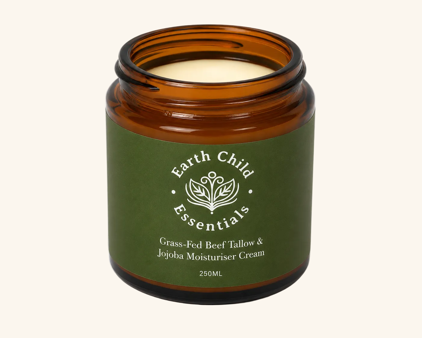 Earth Child Essentials grass-fed tallow moisturiser 250ml open amber jar showing cream texture