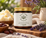 Lavender Tallow Moisturiser with its raw ingredients: grass-fed beef tallow, jojoba seeds and lavender