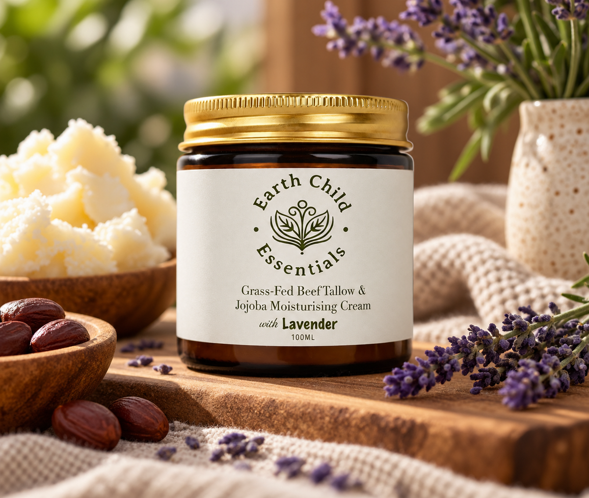 Lavender Tallow Moisturiser with its raw ingredients: grass-fed beef tallow, jojoba seeds and lavender