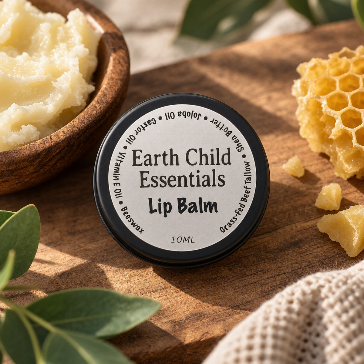 Tallow Lip Balm with raw ingredients of tallow and beeswax
