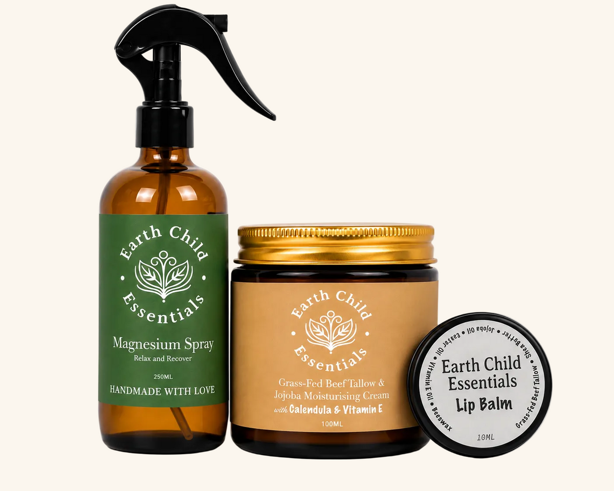 Mama Ritual pregnancy skincare bundle by Earth Child Essentials: magnesium spray 250ml, calendula tallow moisturiser 100ml and tallow lip balm 10g