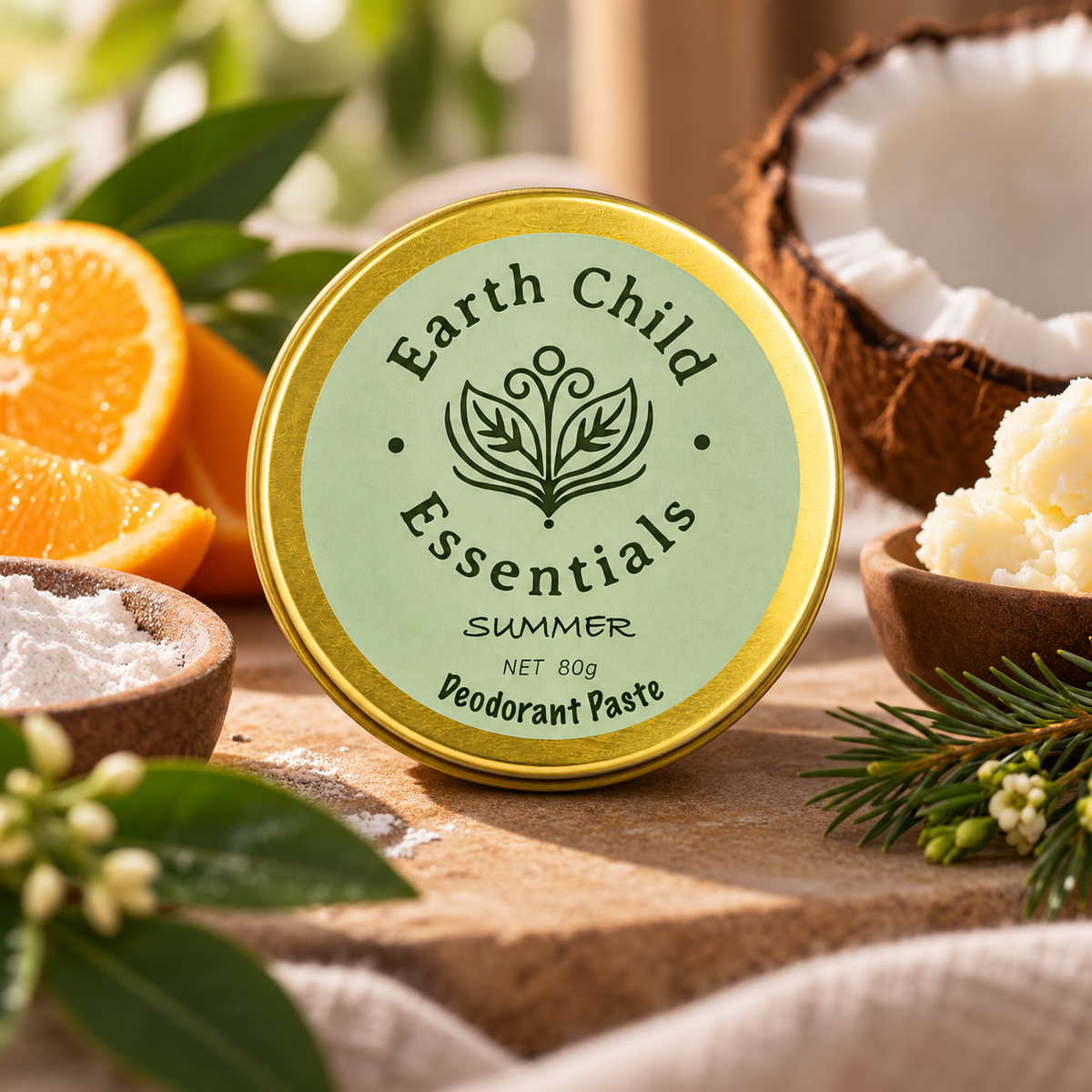 Summer Natural Deodorant with raw ingredients of arrowroot flour, coconut, shea butter and orange