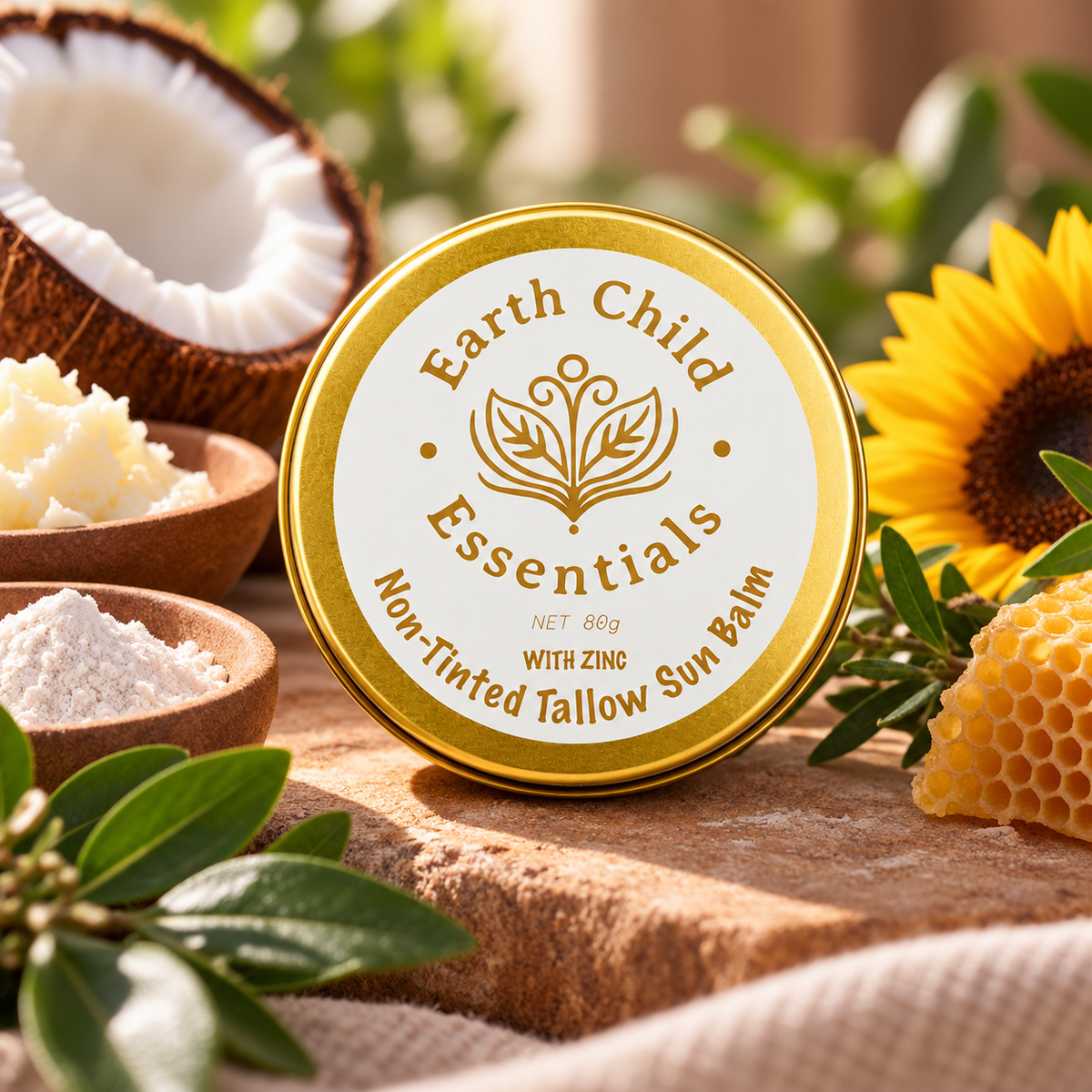 Non-Tinted Tallow Sun Balm with raw ingredients of zinc, coconut, tallow and beeswax