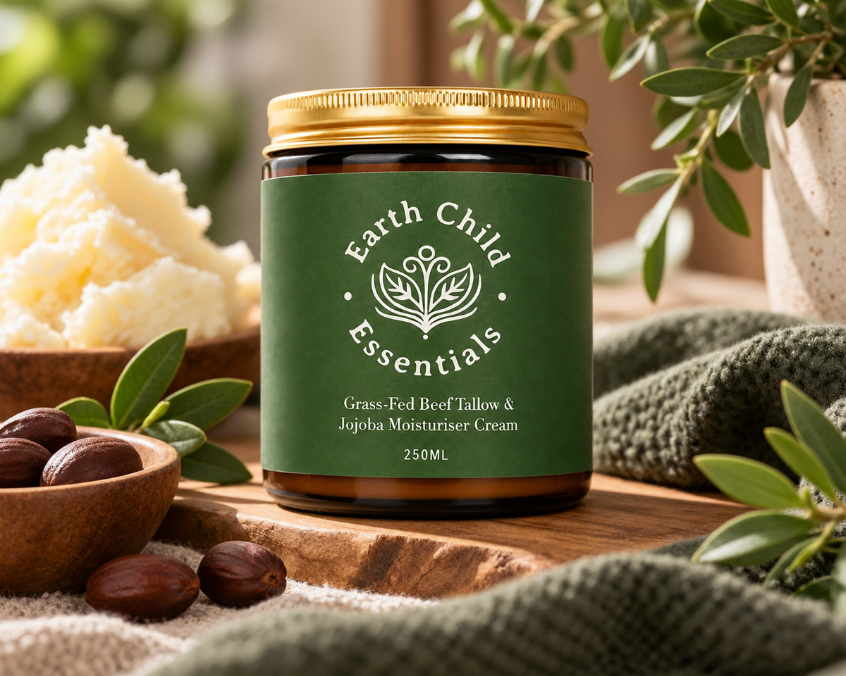 Tallow Moisturiser with its raw ingredients: grass-fed beef tallow and jojoba seed