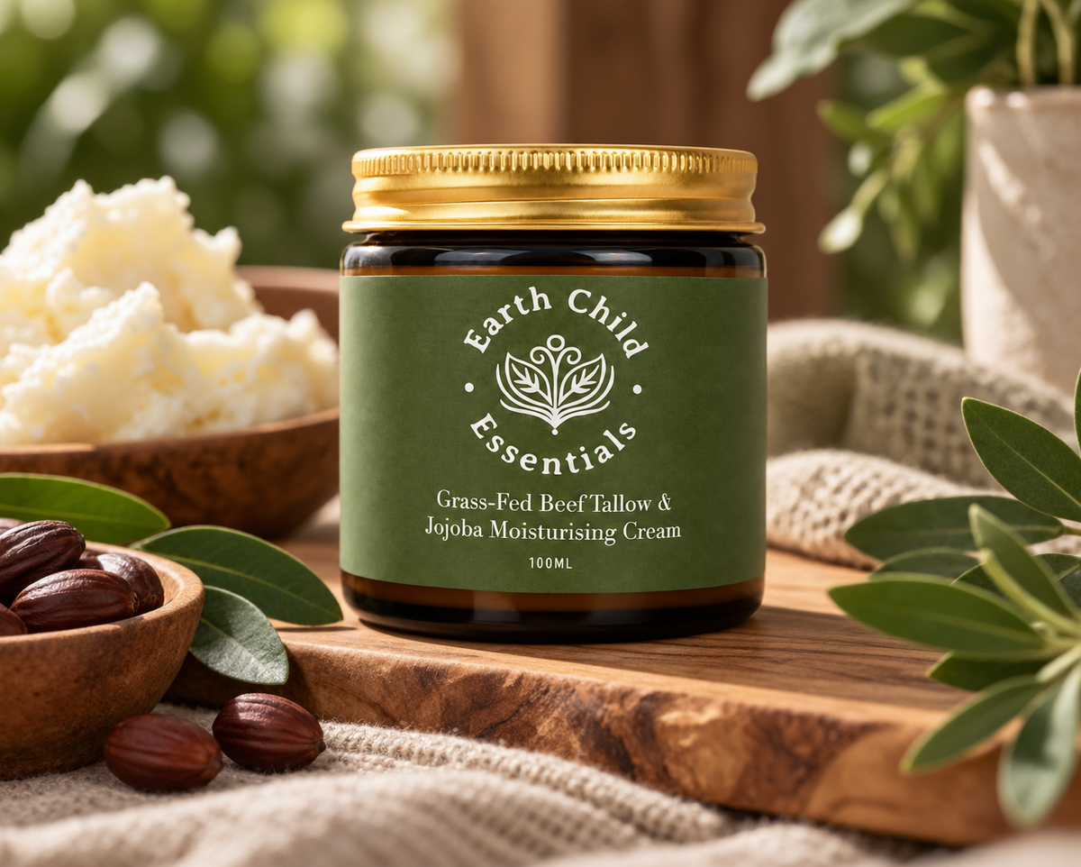 Tallow Moisturiser with its raw ingredients: grass-fed beef tallow and jojoba seeds 