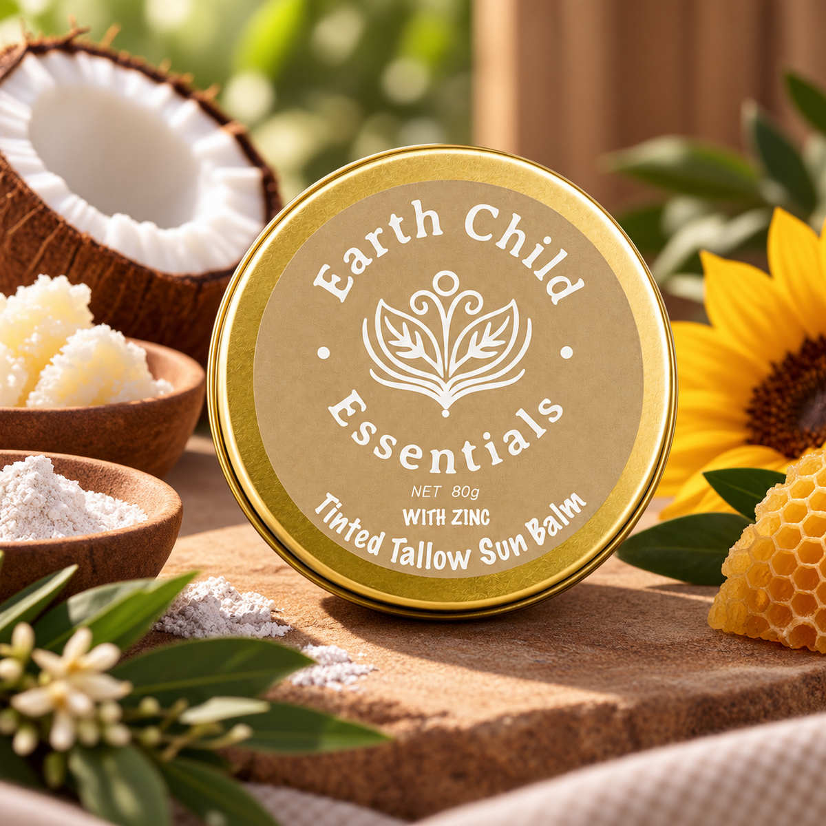 Tinted Tallow Sun Balm with raw ingredients of tallow, coconut, zinc and beeswax